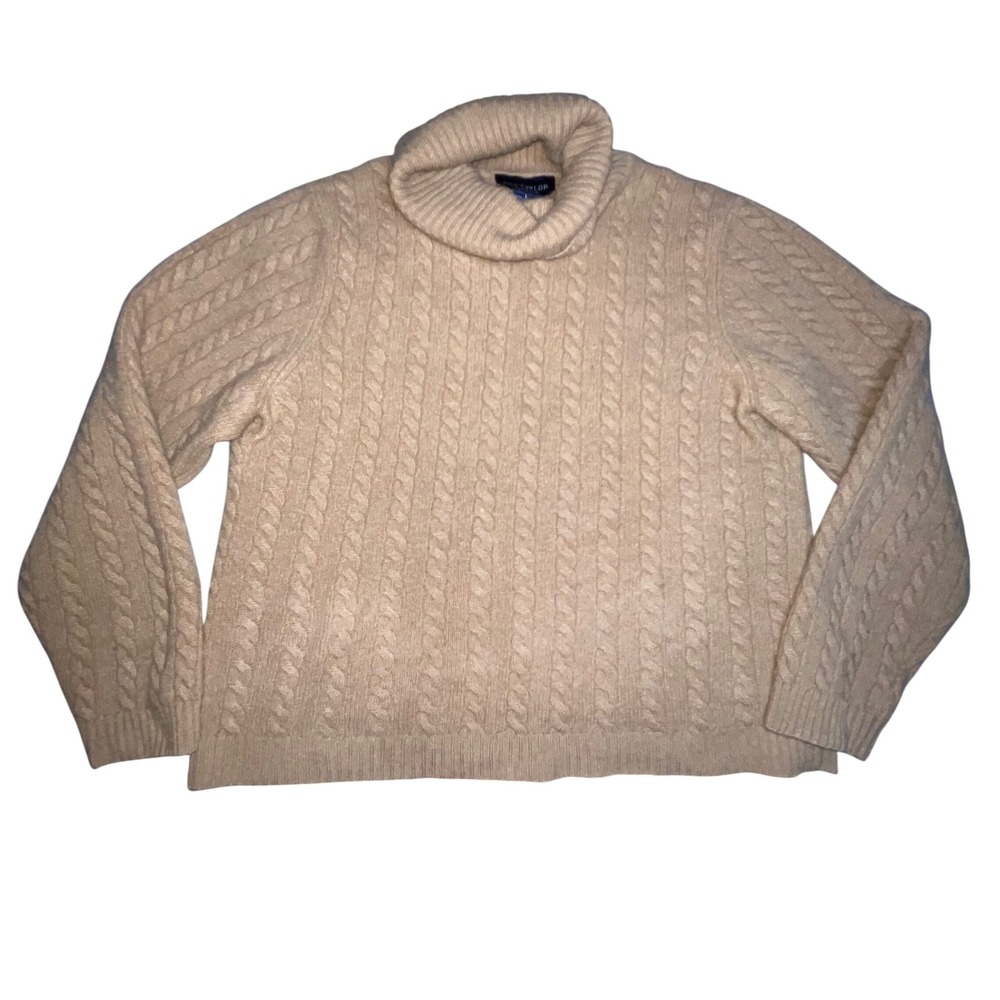 Ann Taylor Cashmere Sweater Womens L Camel Tan Cable Knit Turtleneck Pullover